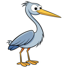 Cartoon heron with a long yellow beak stands looking toward something beyond the frame
