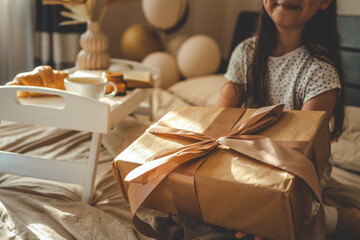 Smiling girl in pajamas holding a wrapped gift with a satin ribbon on a bed, with coffee, croissant, and balloons in the background, creating a joyful and cozy morning moment