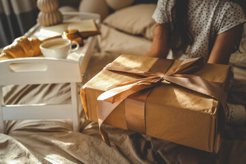 Smiling girl in pajamas holding a wrapped gift with a satin ribbon on a bed, with coffee, croissant, and balloons in the background, creating a joyful and cozy morning moment