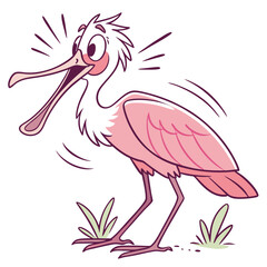 Cartoon roseate spoonbill stands open mouthed among grass in a surprised state