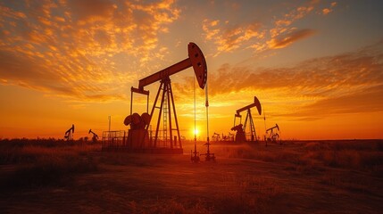 Oil Pumpjacks at Sunset: A Majestic Silhouette of Energy Production