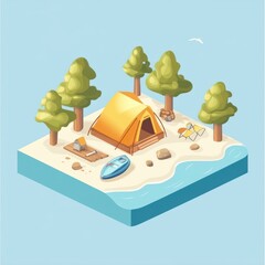 Isometric forest island campsite with yellow tent, trees, rowboat, and chairs.