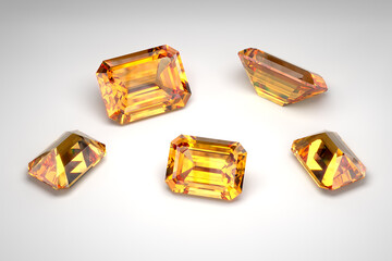 Scattering of topazes of different sizes on a white background. Exhibition of precious stones. Cut in emerald style. 3d rendering.