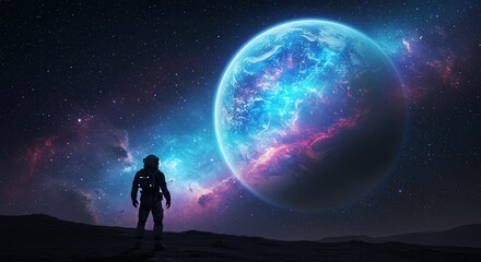 Fototapeta premium Astronaut Looks at Glowing Planet in Space