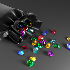 Velvet black bag with a scattering of multi-colored stones on a dark background. Exhibition of precious stones. Jewelry industry. View from above. 3d rendering.