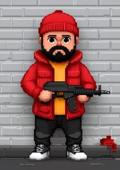 Pixel Art of Bearded Man with Gun in Red Hat and Jacket Against Brick