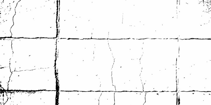 Abstract white brick wall with black grout lines shows a cracked and aged texture, and tear on the surface of the brick pattern	