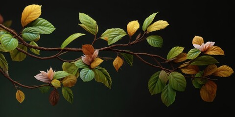 Tree Branch with Leaves in Various Life Stages Showing Nature's Growth and Decay