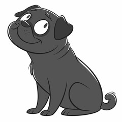 Black pug vector with expressive eyes and playful charm — created in a simple yet engaging children's book illustration style for commercial applications