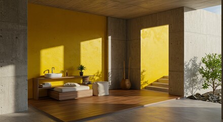 Modern Bathroom with Yellow Walls and Concrete Accents