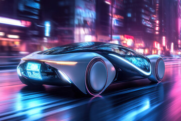 sleek futuristic car driving through vibrant neon-lit cityscape at night. urban exploration, innovation, technology. concept design for sci-fi and future mobility projects. advertising poster