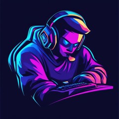 Gamer wearing headset and glasses playing on keyboard in neon purple and blue.