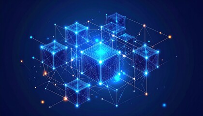 Luminous blue cubes connected by a network on a dark blue backdrop