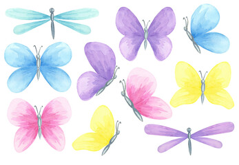 Assorted watercolor butterflies in pink, blue, purple, and yellow. Hand drawn spring insect illustration Great for decorative stickers, clipart for invitations, children's party supplies or craft kits