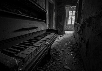 Photo of Abandoned Piano in Decaying Interior with Monochrome Tones