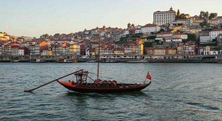 Fototapeta premium Photo of a Wooden Boat Floating on a River with a Cityscape at Sunset