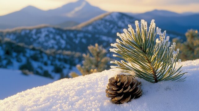 Frozen pine cone on snowy mountain