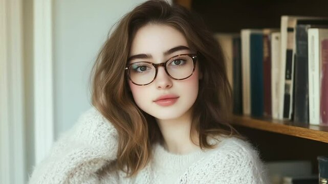 A natural-light portrait of a young woman in glasses and a fluffy sweater, leaning against a bookshelf, symbolizing intellect and warmth.