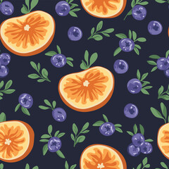 Vector seamless pattern with orange and blueberry. Sliced ​​juicy oranges with berries and greens on dark background. Backgrounds with fruits and berries.