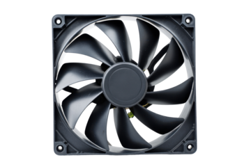 Dark computer fan front isolated on transparent PNG background