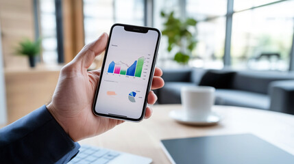 Male hand holding smartphone with business data charts in modern office