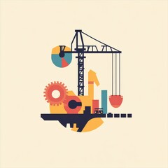 Naklejka premium Industrial construction and mechanical elements with gear system and crane