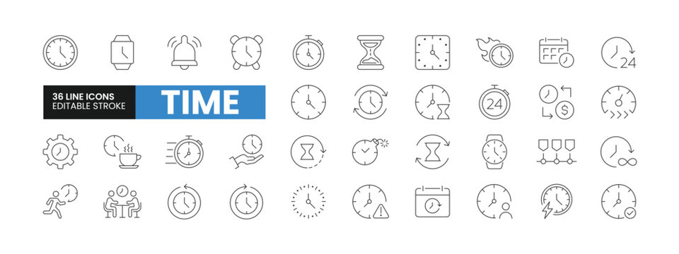 Set of 36 Time-related line icons set. Time outline icons with editable stroke collection. Includes Clock, Timeline, Deadline, Stopwatch, Alarm, and More.