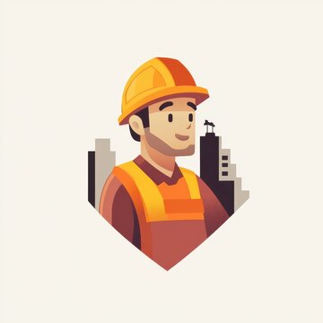 Smiling builder with helmet and construction site background in cartoon style