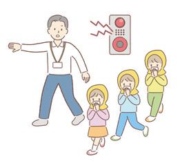 防災頭巾をかぶって避難する子どもと誘導する教師