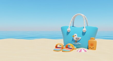 Summer Beach Bag, Sandals, and Sunscreen 3D Render