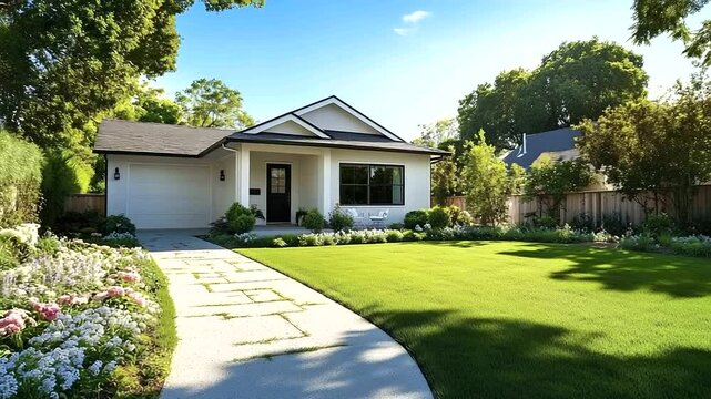 A charming single-story ADU with a sloping roof and a cozy front porch, painted in soft pastel tones, nestled in a lush suburban backyard.