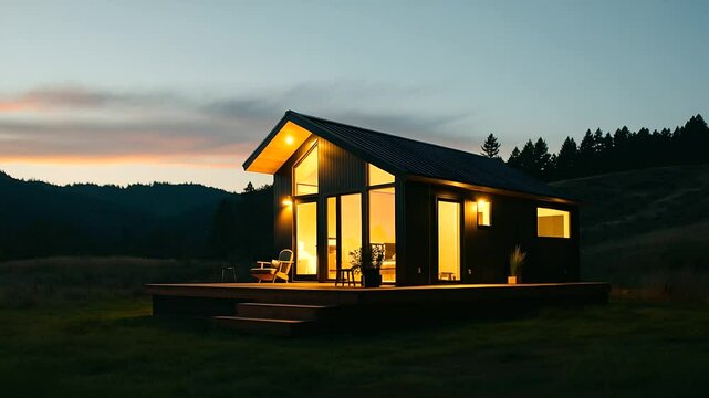 A modern accessory dwelling unit (ADU) featuring a sleek sloping roof, minimalist wooden porch, and large windows, bathed in warm sunset light.