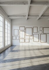 Photo of an Empty Modern Gallery Space with Wooden Frames and White Walls