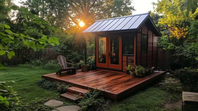 A cozy backyard ADU with a stylishly painted exterior, a small wooden porch, and a slanted metal roof, reflecting the essence of functional design.