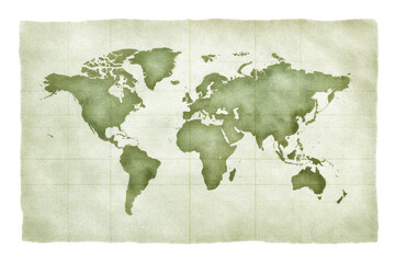 Aged, green world map isolated on transparent PNG background