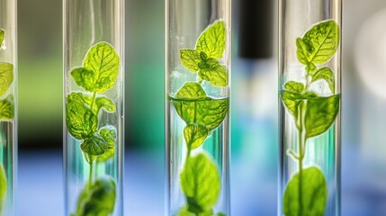 Lab-grown mint plants in test tubes, scientific research, blurred background