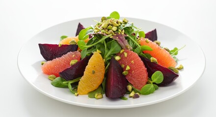 Photo of Colorful Fresh Salad with Citrus Fruits and Nuts on White Plate