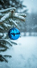 Photo of Blue Christmas Ornament Hanging On Snow Covered Fir Branch