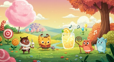 Colorful creatures in a sweet landscape