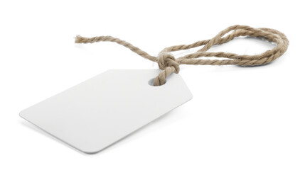 Blank white tag with twine string on a transparent background for customization and labeling purposes