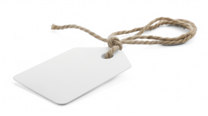 Blank white tag with twine string on a transparent background for customization and labeling purposes