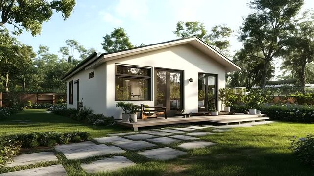 A picture-perfect accessory dwelling unit with a gently angled roof, an inviting front porch with potted plants, and a soft, earthy-colored paint scheme.