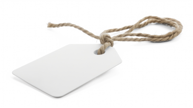 Blank white tag with twine string on a transparent background for customization and labeling purposes