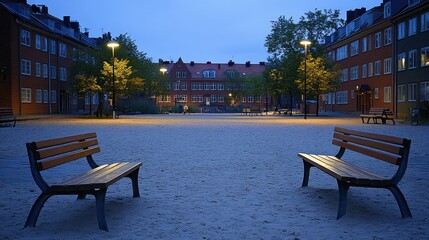 Tranquil urban park at dusk.  Two benches face each other in a sandy-colored open space, surrounded by residential buildings