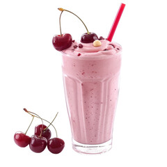 Delicious cherry smoothie in a tall glass with cherries on top and fresh cherries beside it