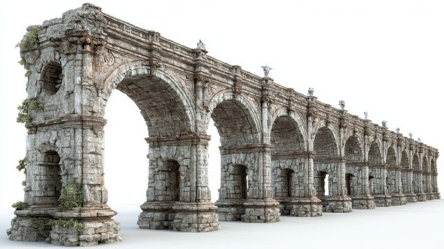 Antique stone aqueduct with arches displays weathered textured surface details.