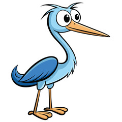 Cartoon blue heron with big eyes is standing still against white
