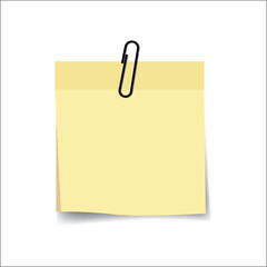 Yellow sticky note paper with paperclip isolated on transparent background. Blank reminder or memo icon perfect for productivity apps, to-do lists, office UI, and task illustrations.