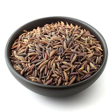 High resolution photo of a dark brown bowl filled with black cumin seeds on white background