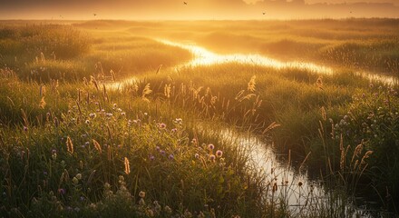 Obraz premium Meadow Stream at Sunrise